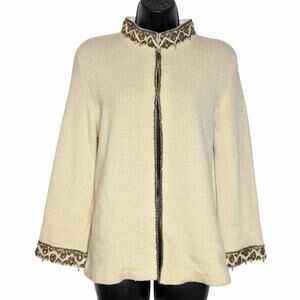 VINTAGE 1960s 1970s CREAM BEADED SWEATER GOLD & ORANGE RHINESTONES RETRO MOD S M